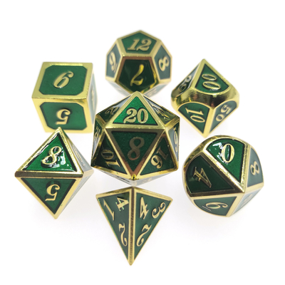 Fantastische Metallwürfel stellten 7-teilige Spiel-Antiverschleißwürfel einstellten Abnutzungs-vielflächiges Vergoldungs-Grün ein