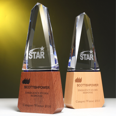 Individualisierte Trophäen aus Harz, Kombination aus Kristall und Massivholz